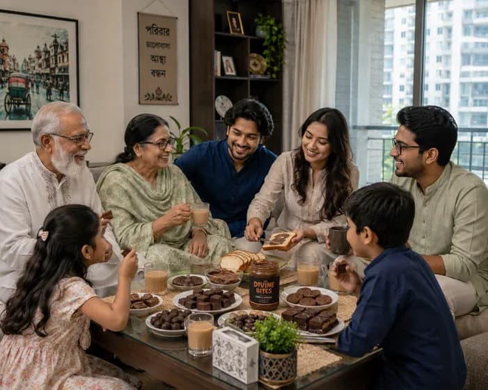 বহু প্রজন্মের একটি পরিবার লিভিং রুমে চা ও স্ন্যাকস নিয়ে সময় কাটাচ্ছে; টেবিলে ডিভাইন বাইটস চকো স্প্রেড ও মিষ্টি - পরিবার, ভালোবাসা, আস্থা